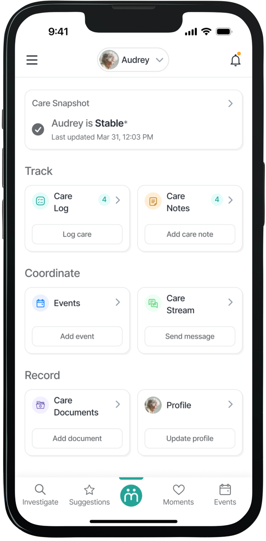 Maia app home screen showing care snapshot, tracking, coordination, and records