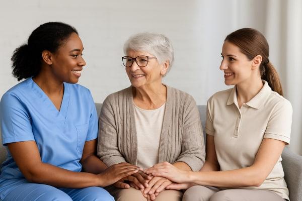 A professional caregiver and a family caregiver sitting with an older woman, all smiling together