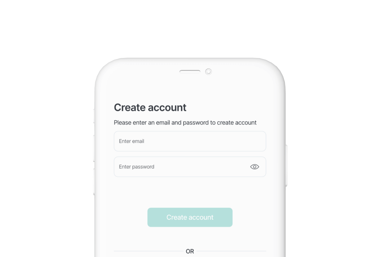 Create account screen with email and password fields